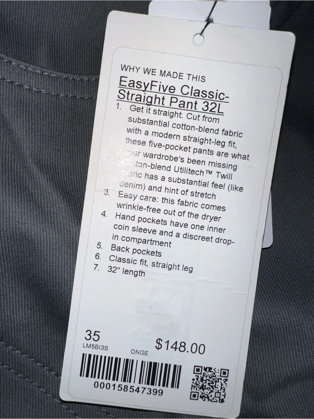 Lululemon EasyFive Classic-Straight Pants Men’s Size 35 - 32 Onix Grey Brand New